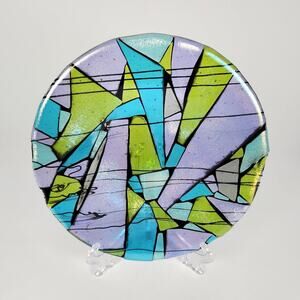 Abstract Fused Art Glass Plate Dichroic Mosaic Look Iridescent Artist Signed